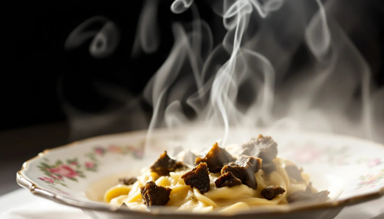 Hot dish with shaved truffle and rising steam