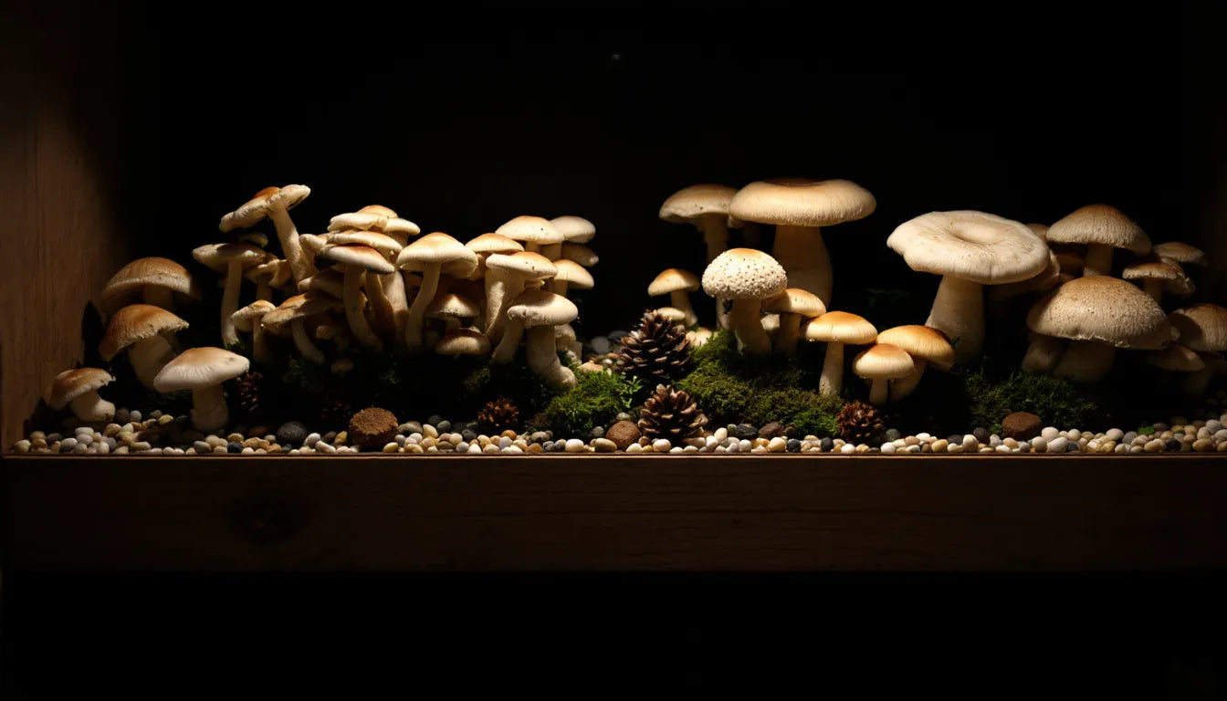 Mushrooms thriving indoors on a controlled growing shelf setup.