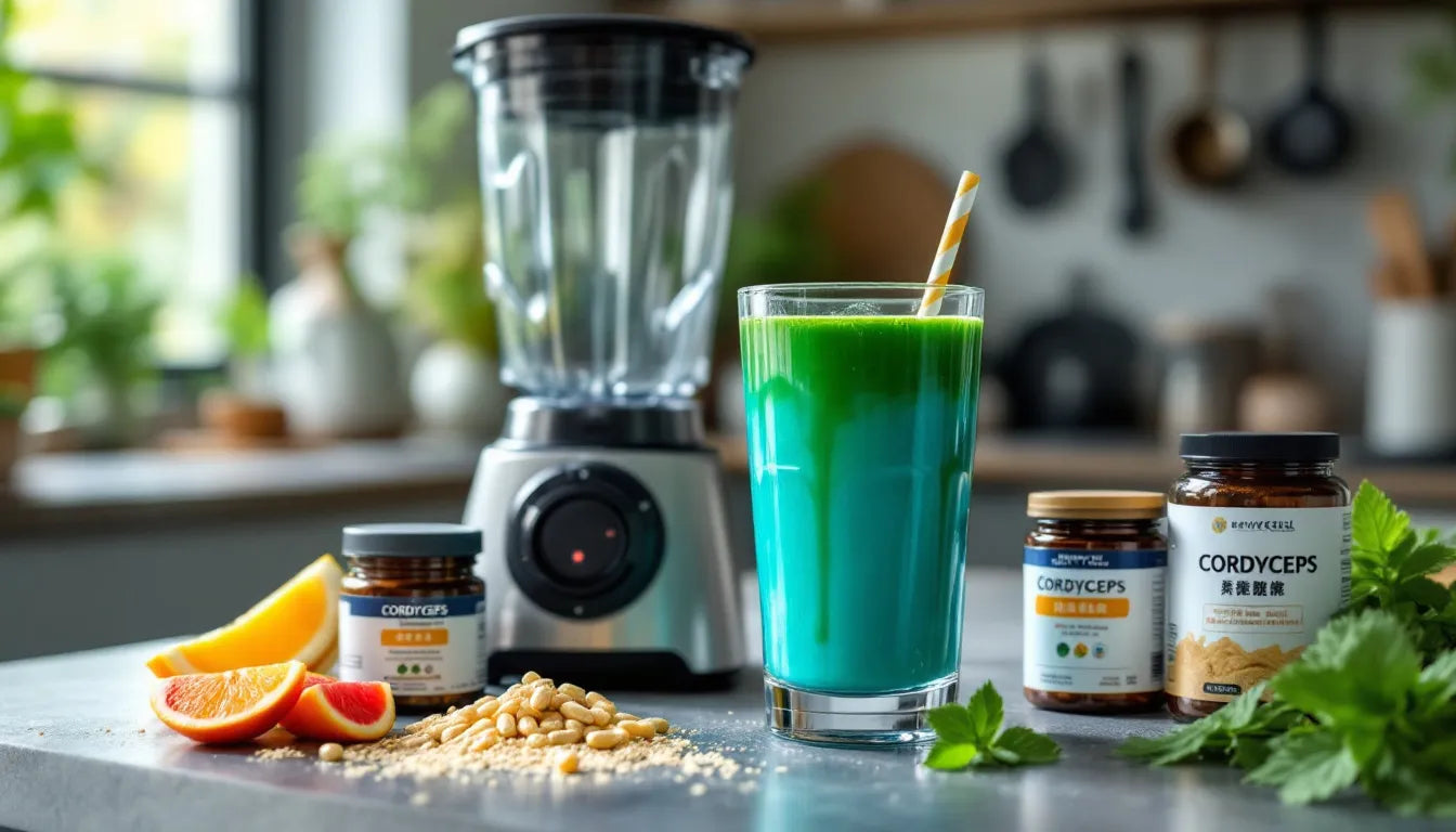 Cordyceps supplements next to a green smoothie on table