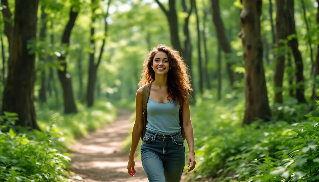 Person enjoying mindful walk through a lush green forest