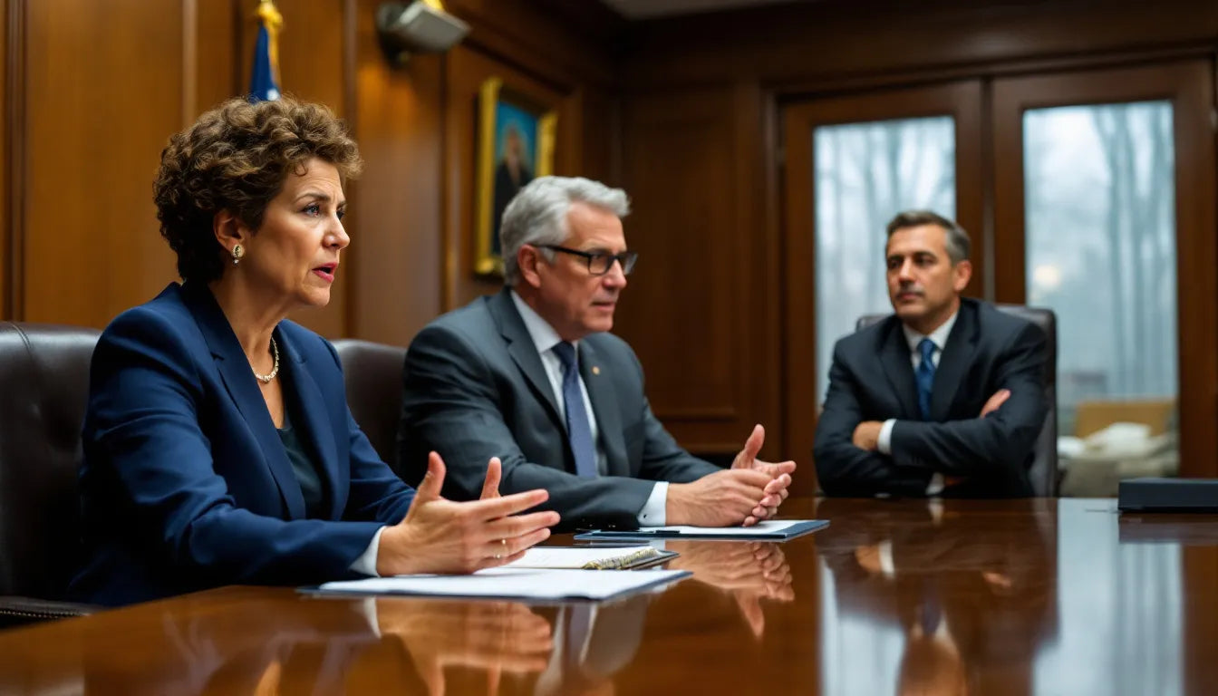 Politicians in a government meeting room having a discussion.