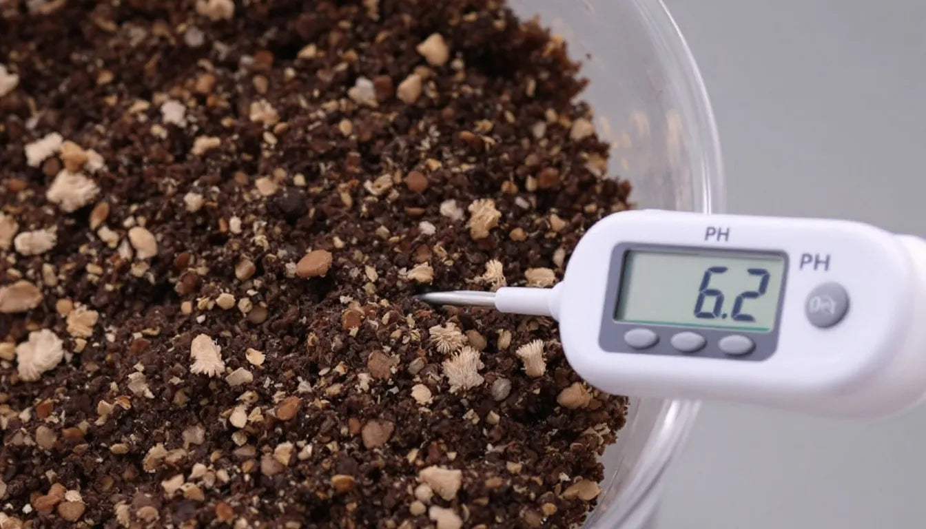 Mushroom substrate with pH meter inserted