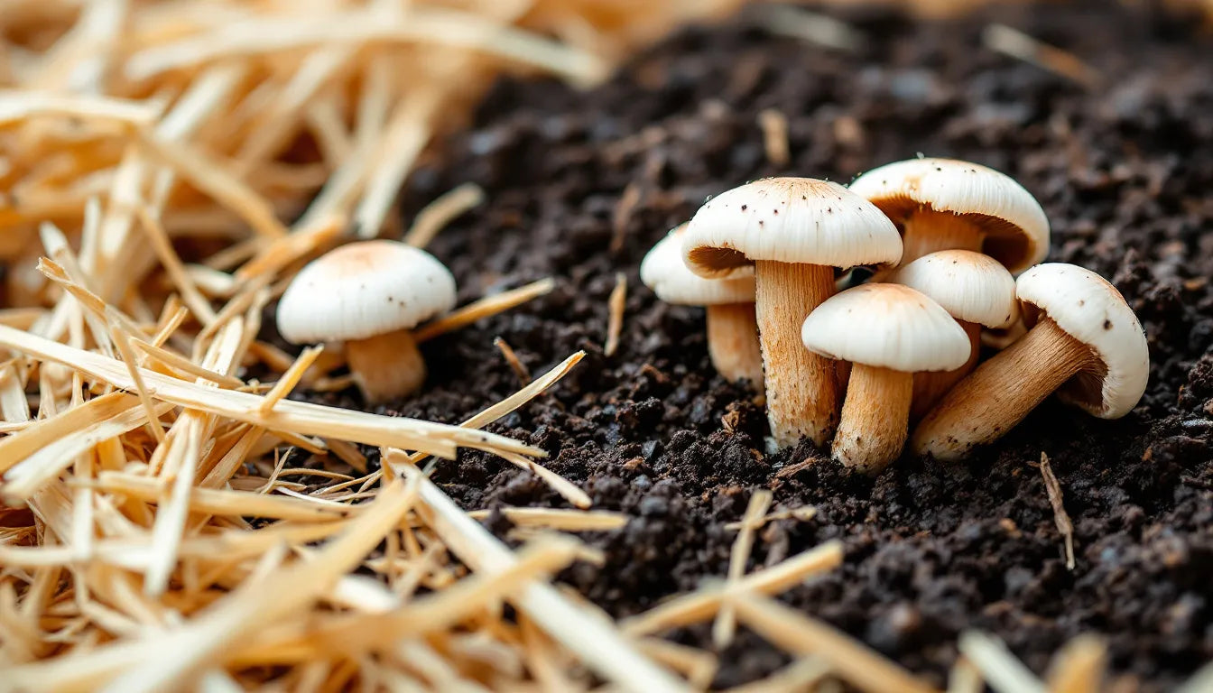mushrooms sprouting from straw and compost substrate