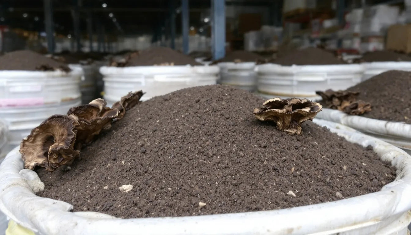 large bins storing bulk substrate for scaling mushroom grow