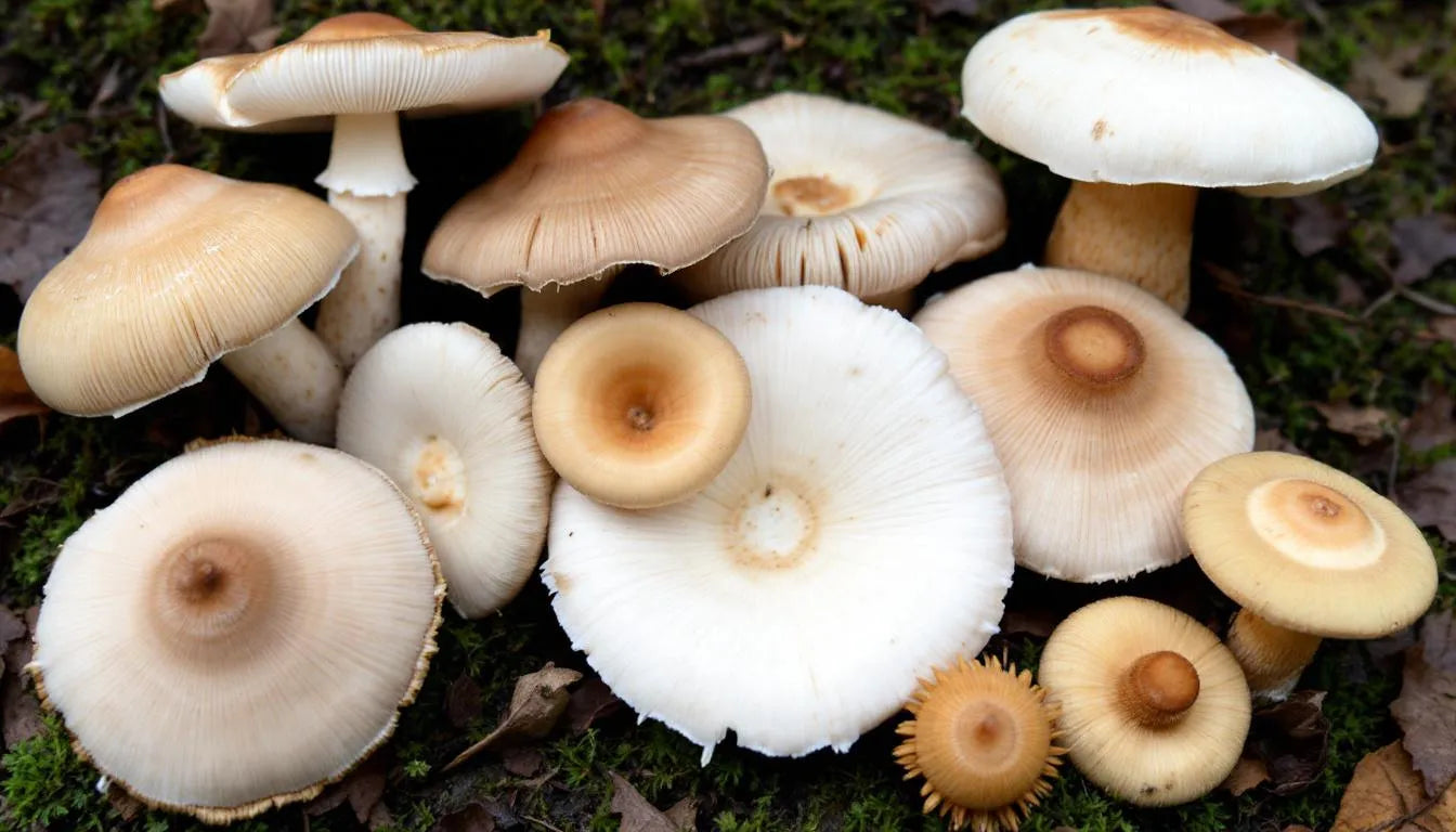 Different mushroom cap shapes laid out on a log