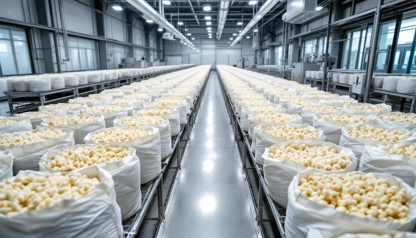 Large-scale commercial mushroom farm with rows of substrate bags