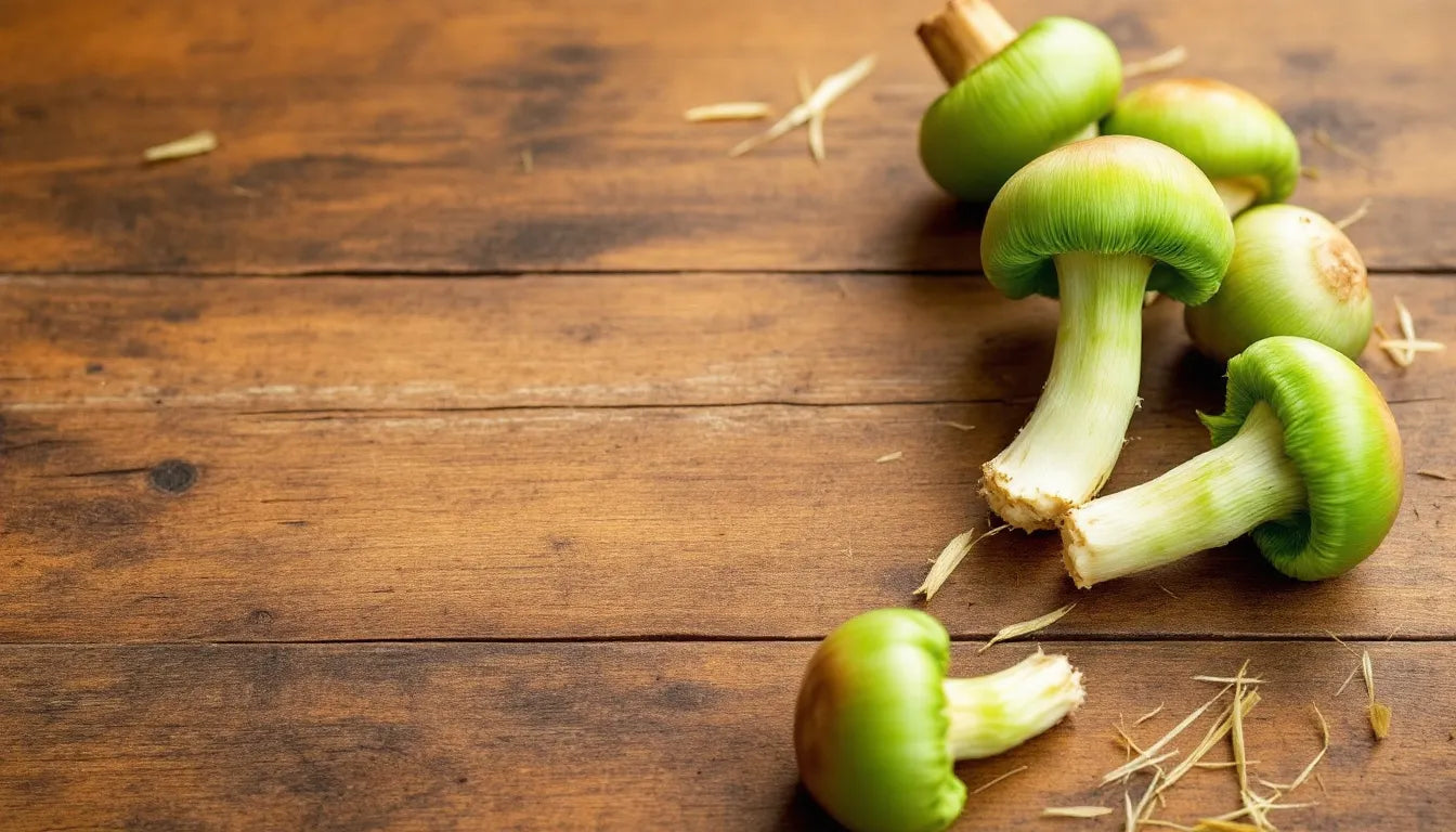 Fresh mushrooms displayed on a wooden kitchen counter.