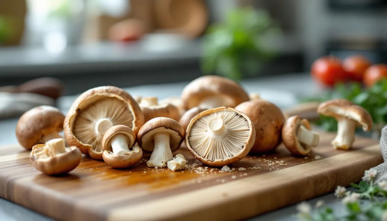 Fresh mushrooms on a kitchen cutting board