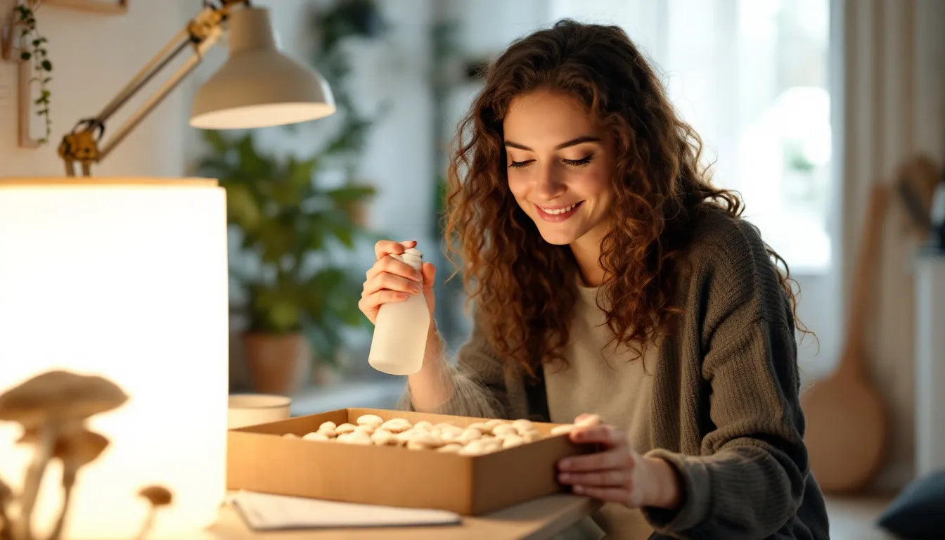 A person spraying water on a mushroom grow kit to maintain moisture.