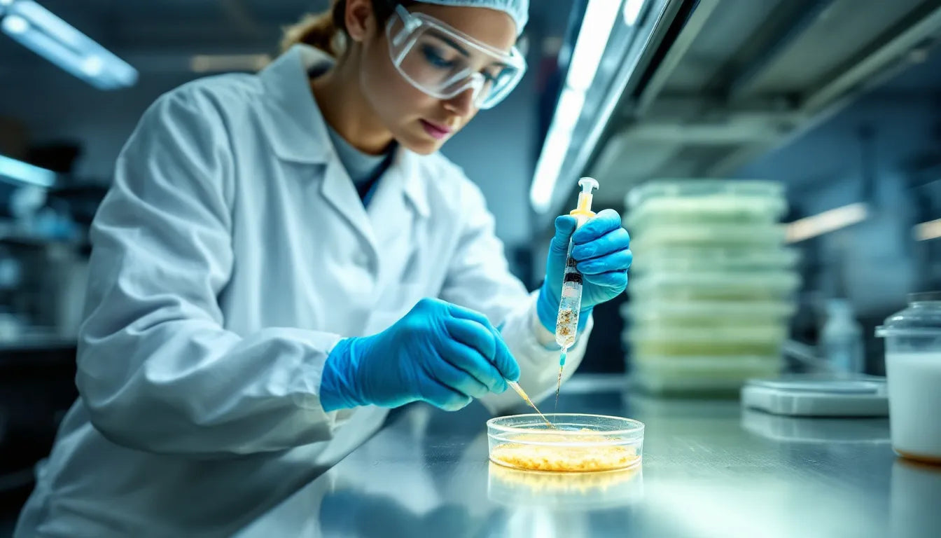 A scientist carefully injecting cordyceps spores into sterilized substrate in a clean workspace.