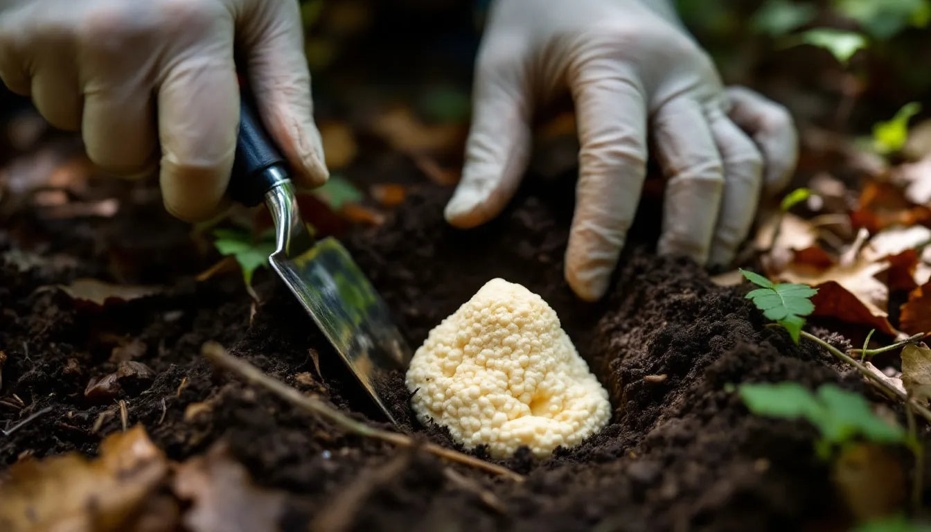 Truffles partially unearthed from forest soil