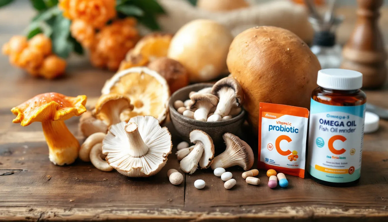 Lion's mane mushrooms and powder supplements on wooden table