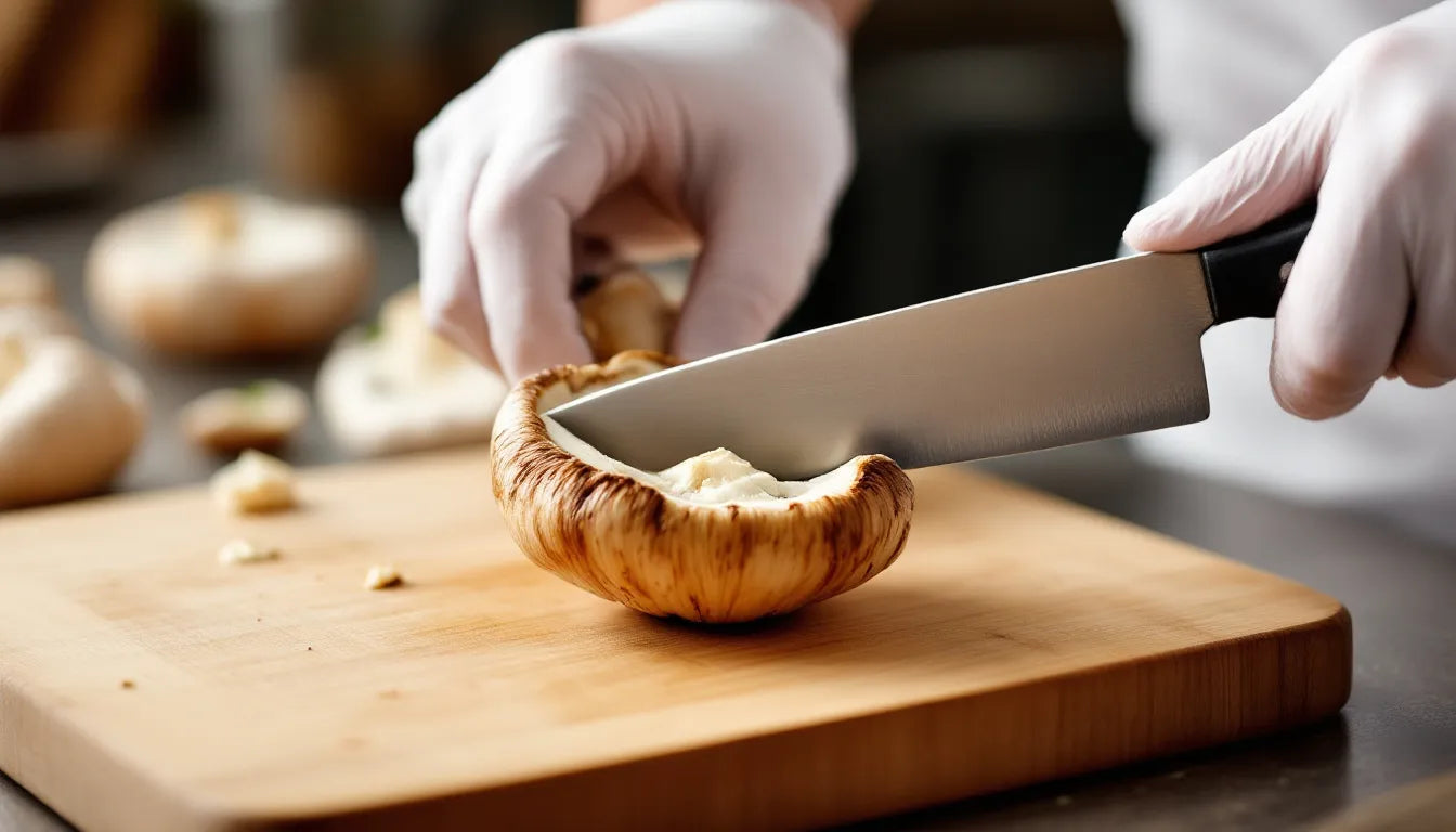 A hand using a knife to harvest fresh oyster mushrooms.