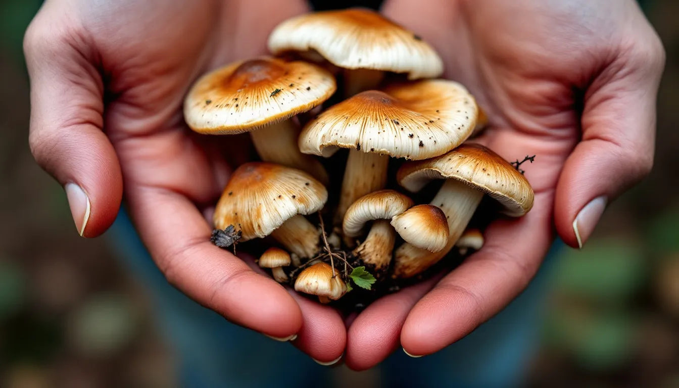 Hands carefully holding freshly harvested mushrooms.