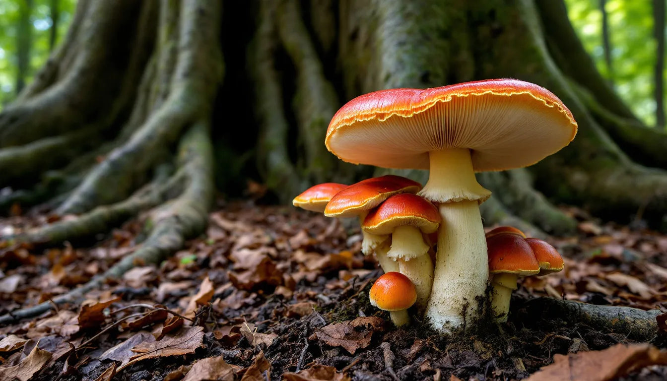 Mushrooms growing on forest floor among plant roots