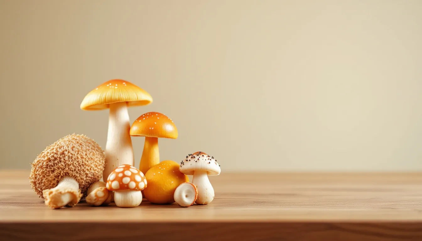 A variety of functional mushrooms including lion’s mane and reishi displayed on a wooden table.