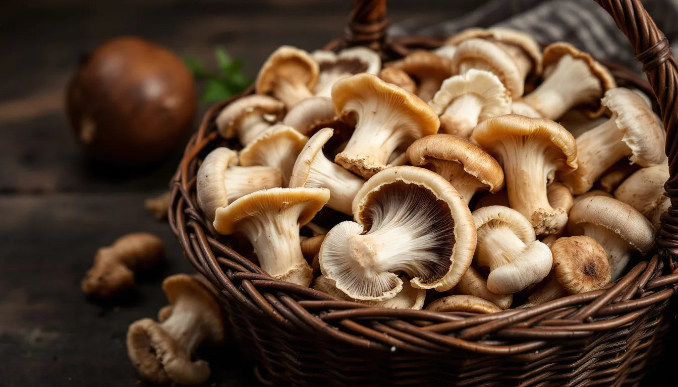 Freshly harvested oyster mushrooms in a basket