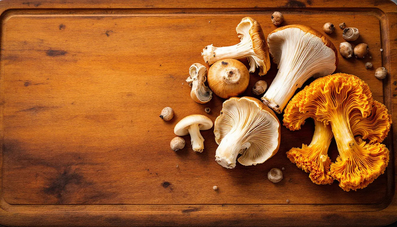 An assortment of gourmet mushrooms including oyster and lion’s mane.