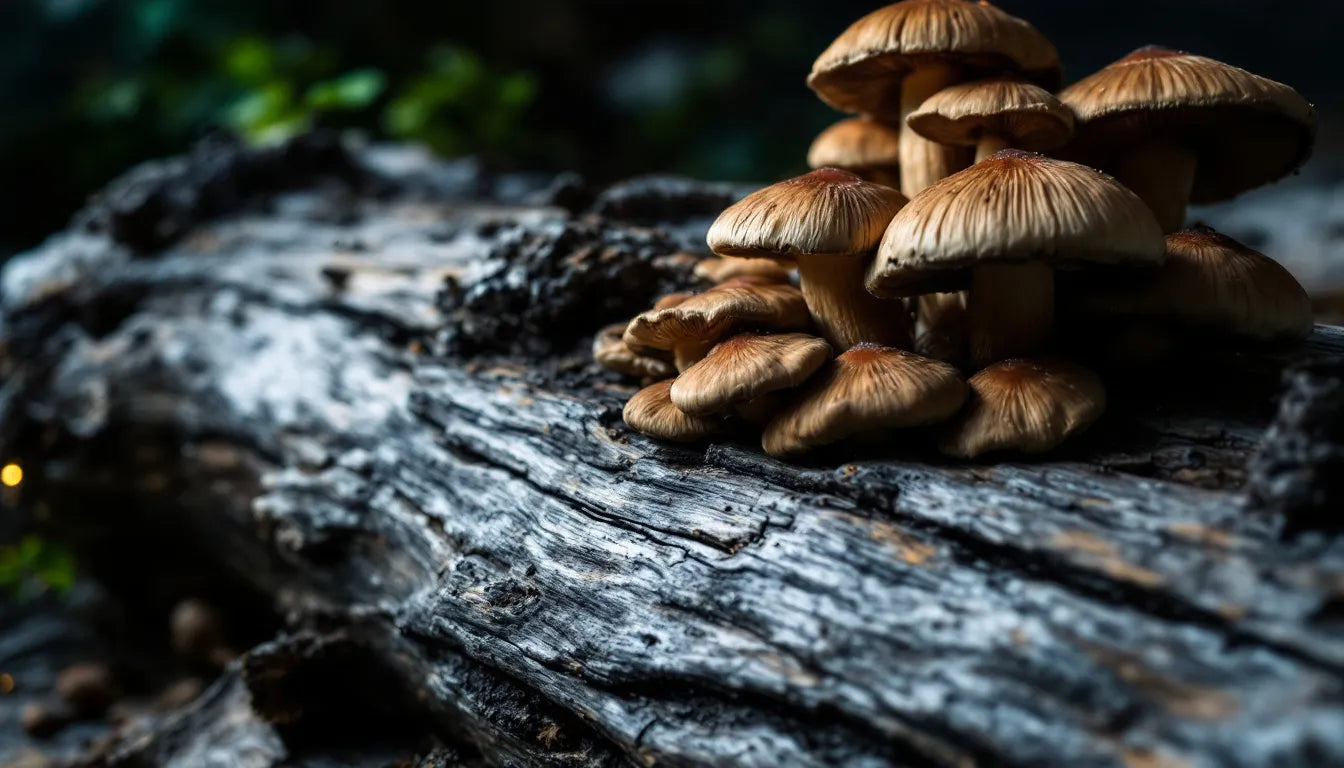 Chestnut mushrooms fruiting from a log in indoor grow setup