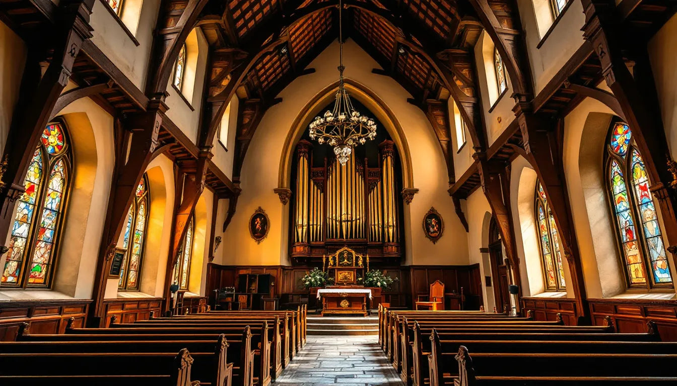 A peaceful church interior with soft lighting