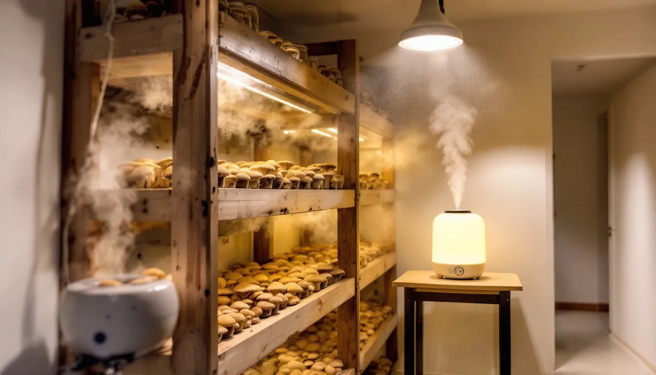 Humidity-controlled indoor mushroom grow room with shelves