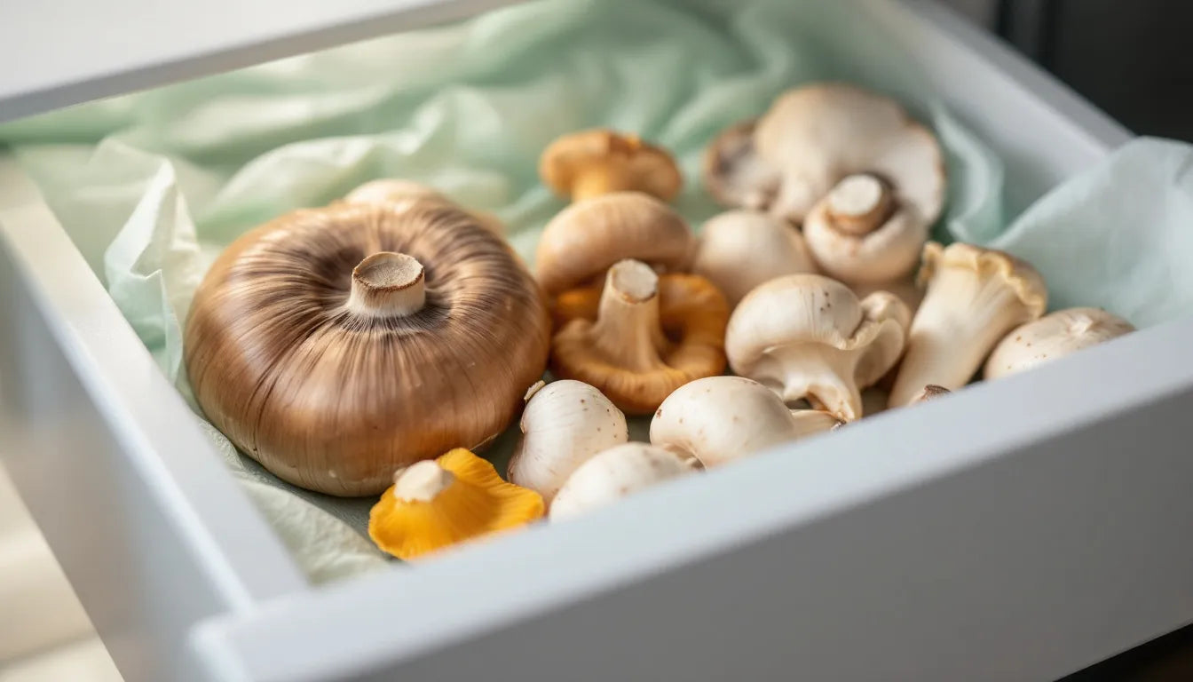 Whole fresh mushrooms stored inside a refrigerator drawer