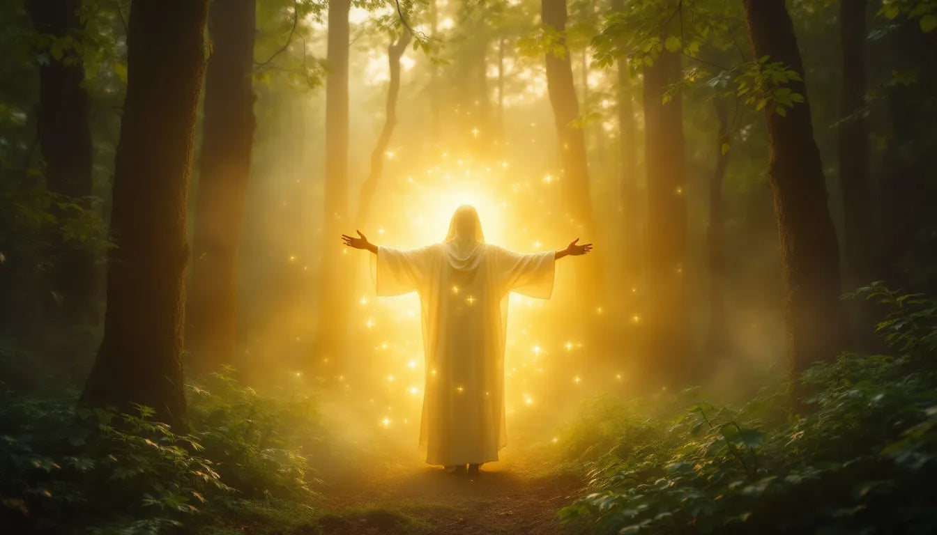 Individual in forest bathed in glowing light symbolizing mystical psychedelic experience