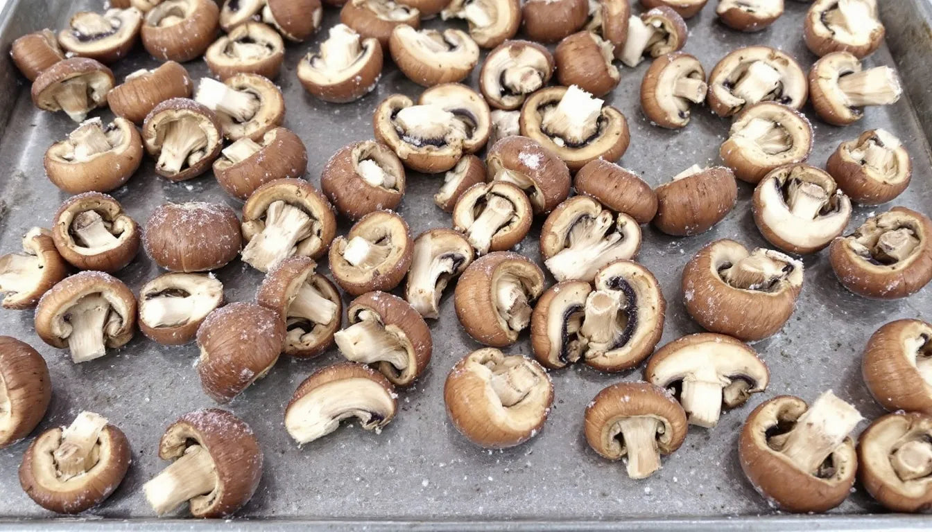 Sliced mushrooms laid out on a baking sheet for freezing
