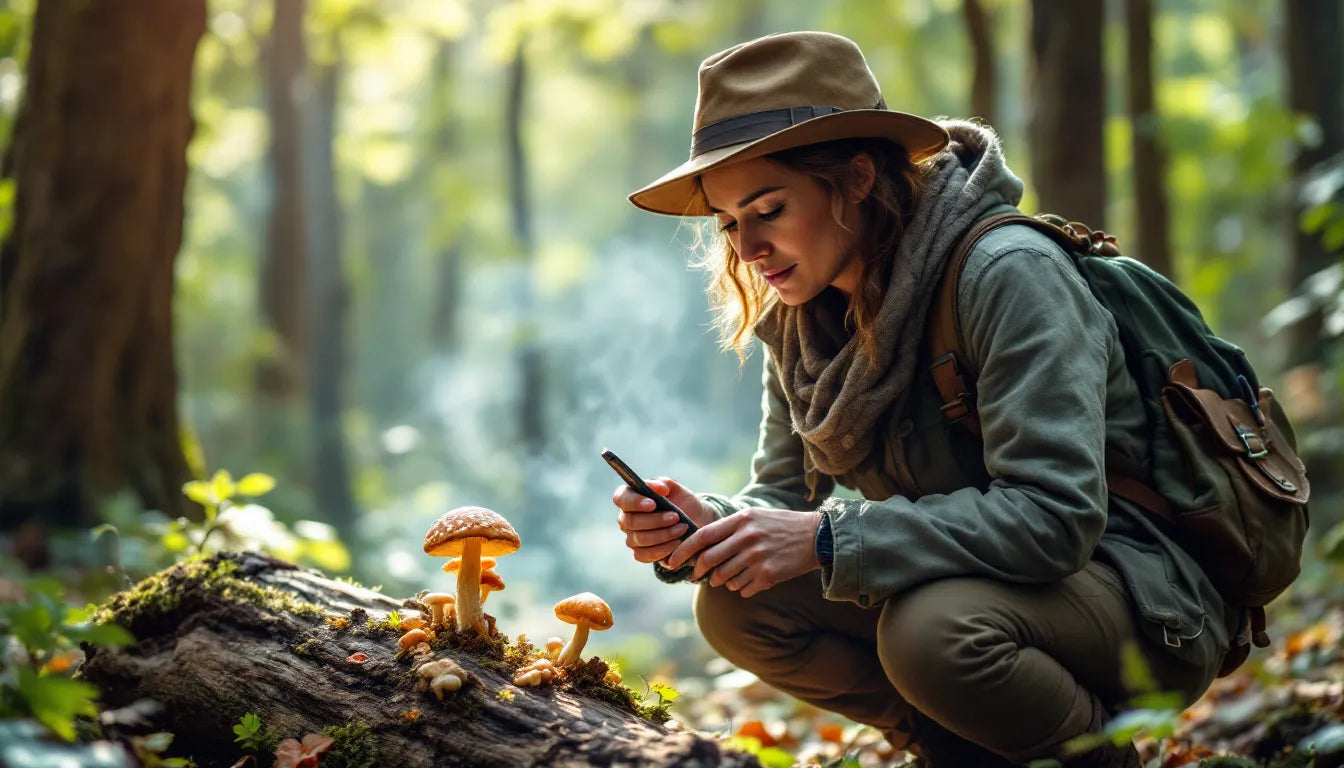 Mushroom forager referencing guidebook in forest