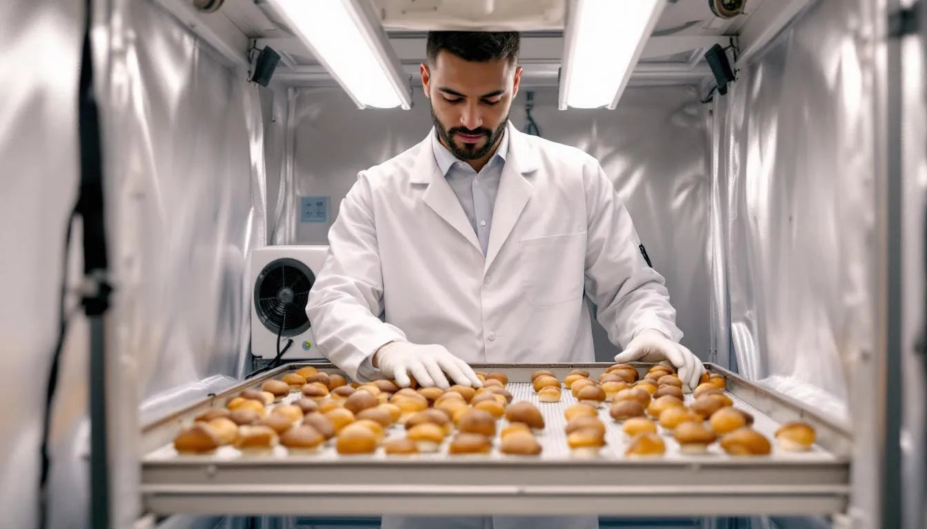 Frost-covered mushroom bed in snowy outdoor garden