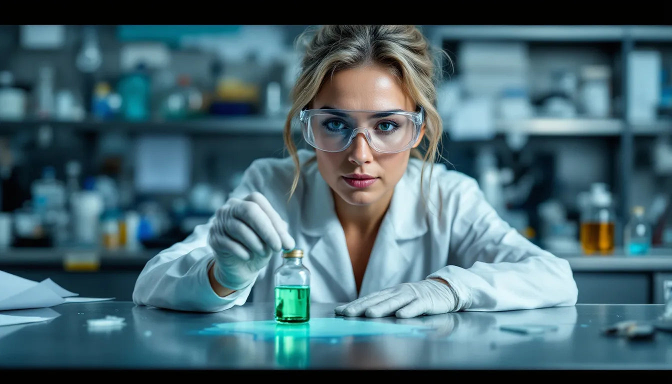 A laboratory researcher closely examining a vial with liquid.