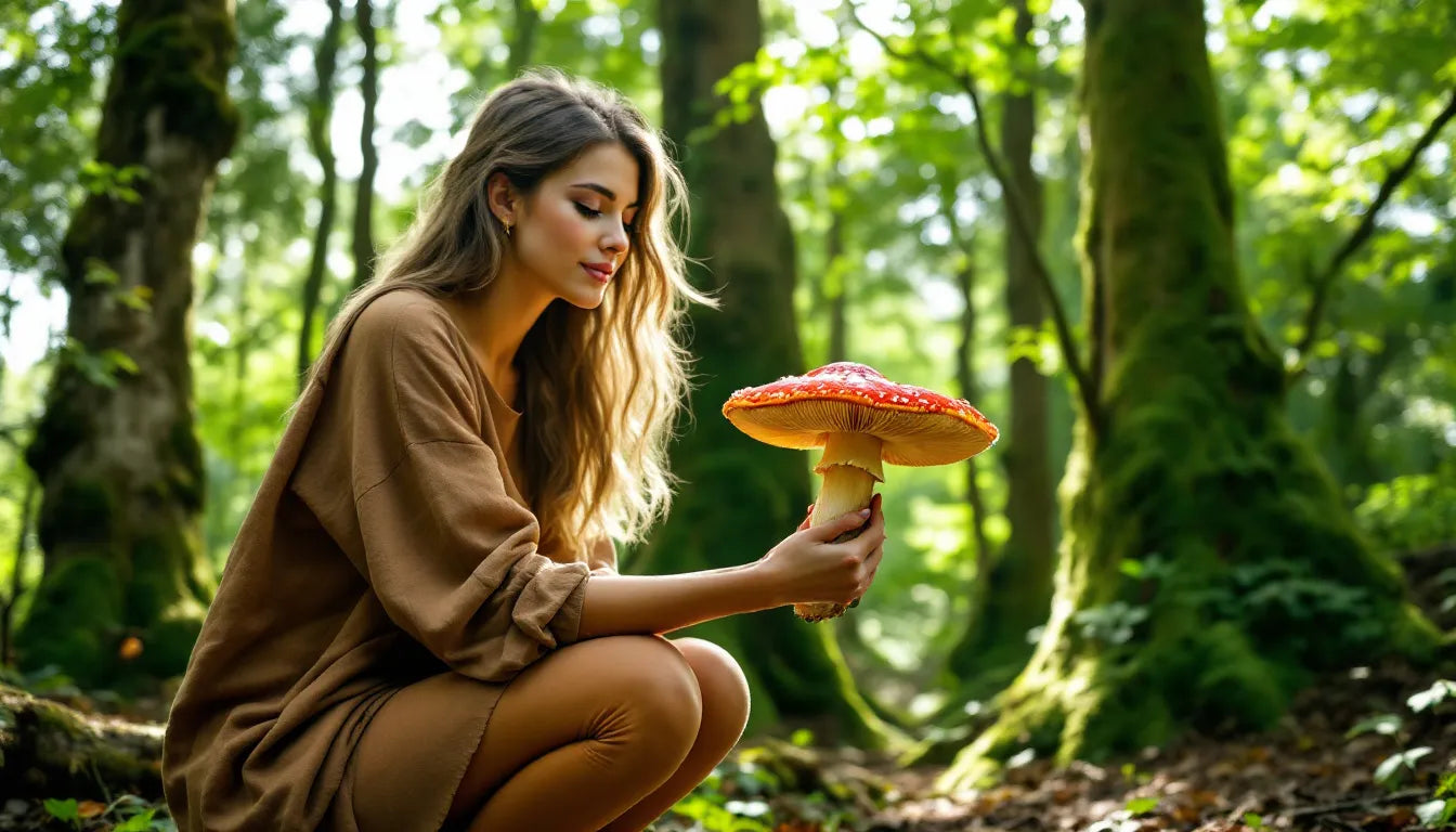 Person holding wild mushroom in a forest during foraging