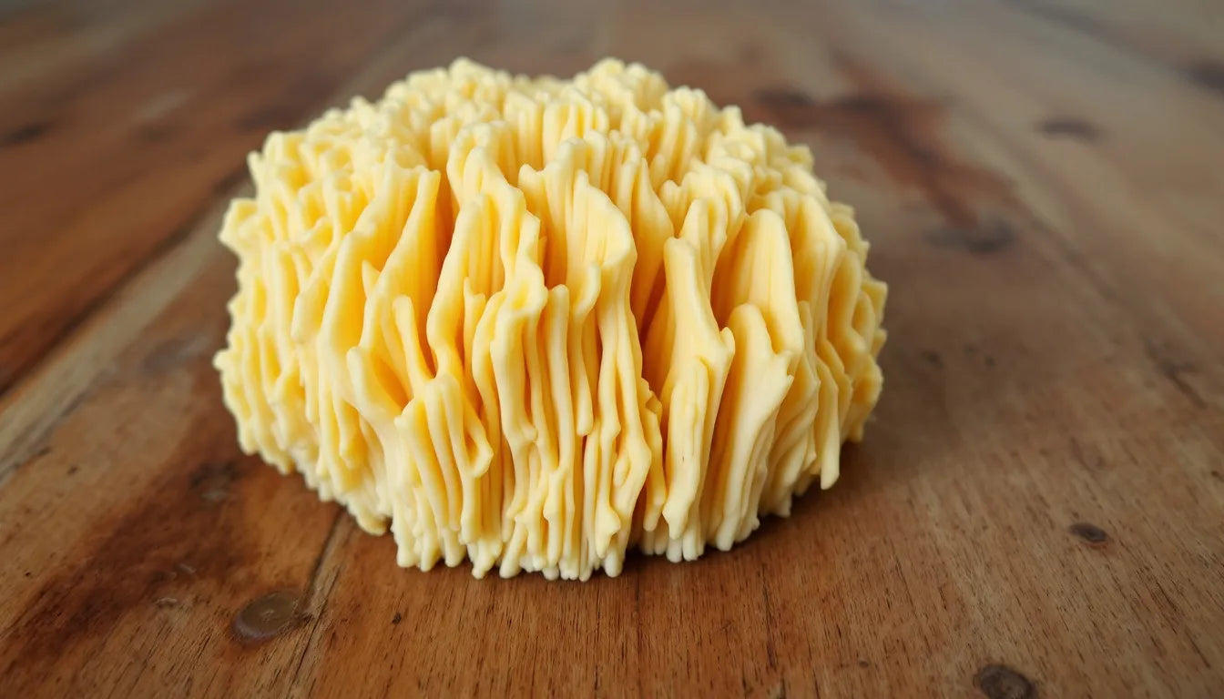 Fresh lion's mane mushroom on wooden surface