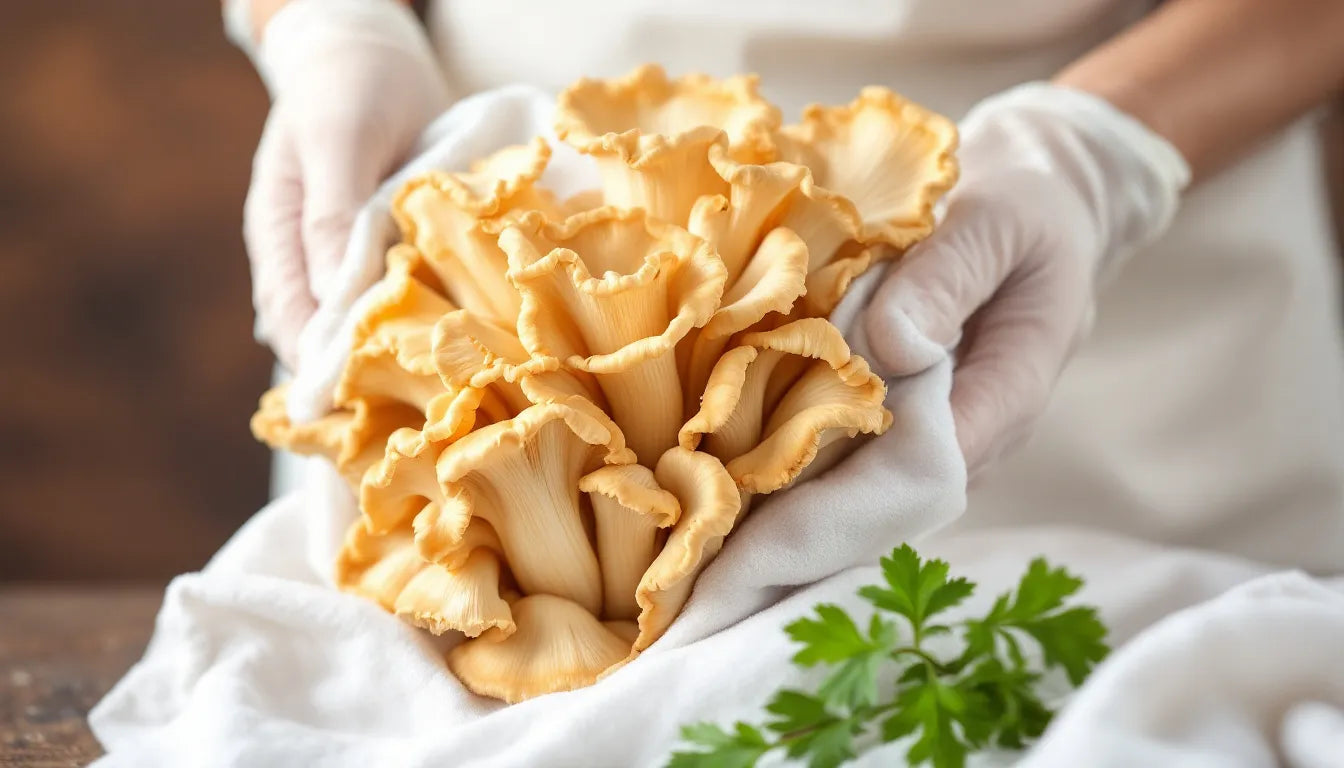 hand wiping king trumpet mushrooms clean