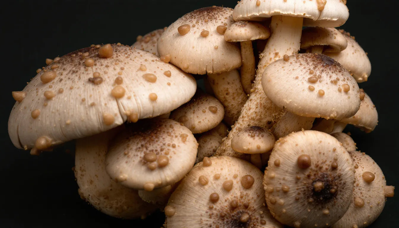 Close-up of mushrooms showing brown blister-like dry spots
