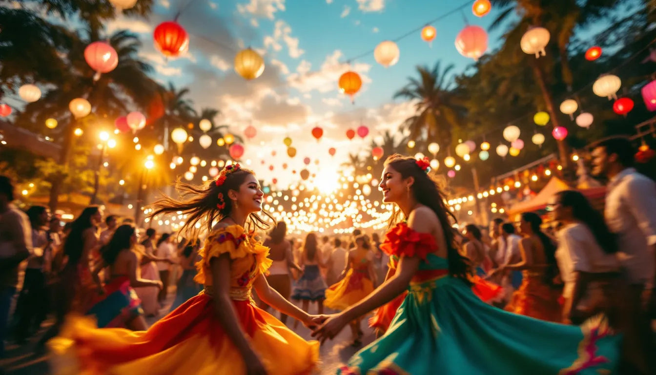 A vibrant festival scene with people dancing under colorful lights, symbolizing Jewish psychedelic gatherings.