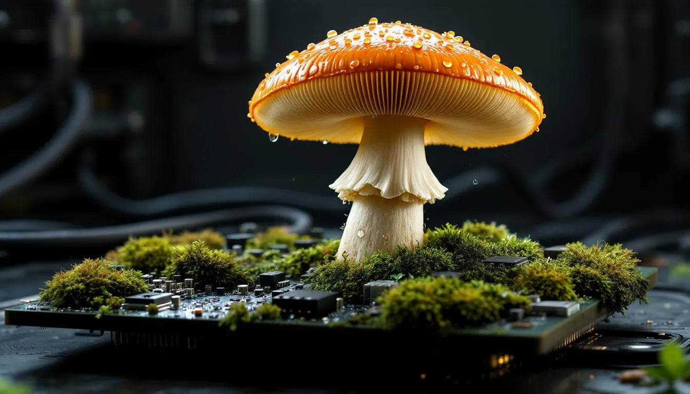 Realistic mushroom growing on electronic circuit board