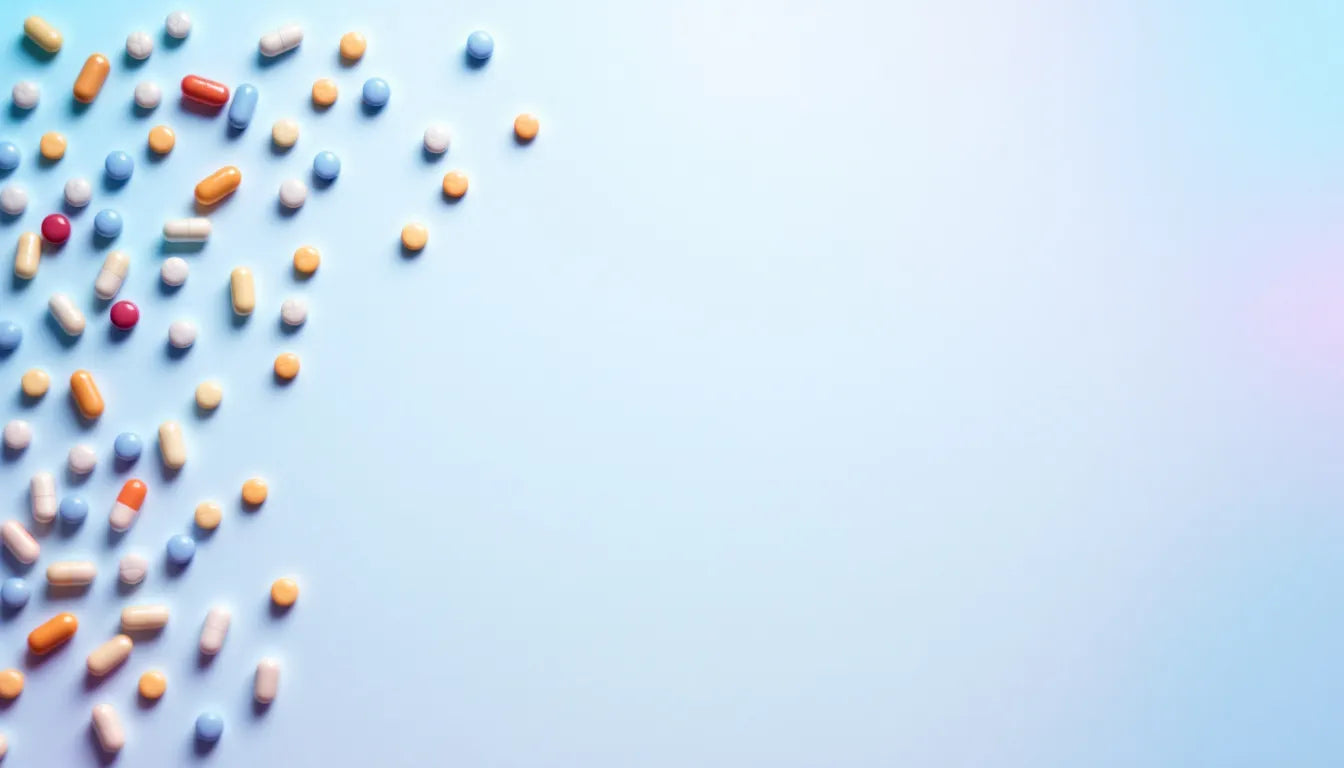 Various pharmaceutical capsules scattered on a white background.
