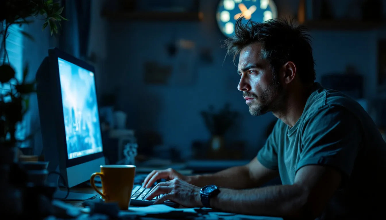 Stressed person sitting in front of laptop at night