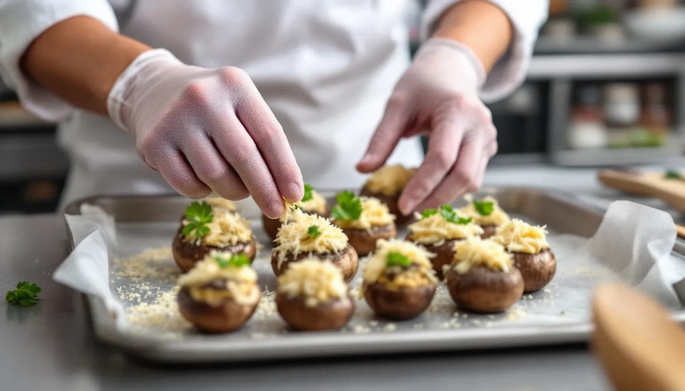 Hands carefully preparing stuffed mushrooms on a baking tray.