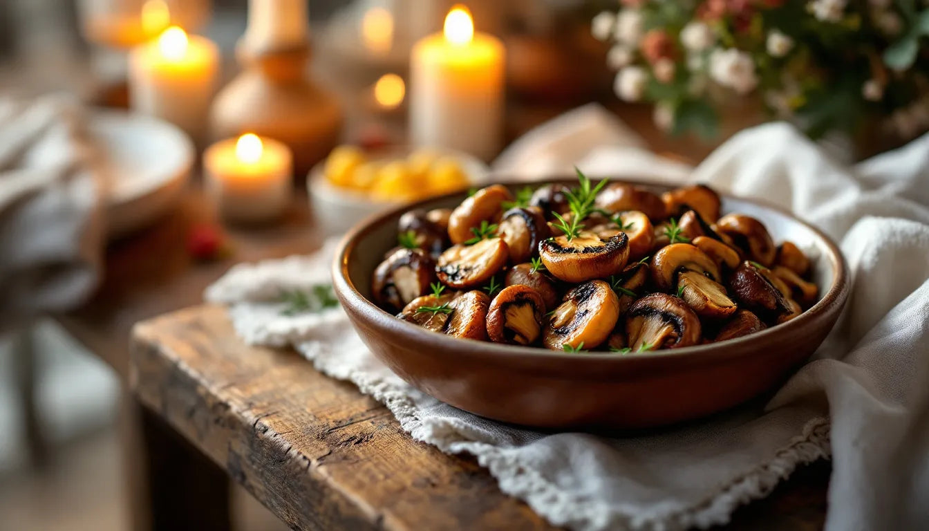 Roasted mushrooms served on a plate at dinner setting