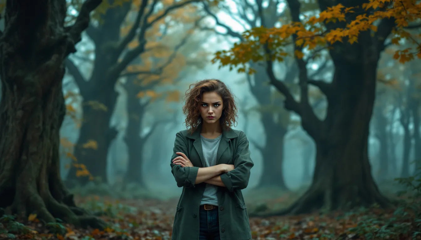 Angry person standing with arms crossed in forest