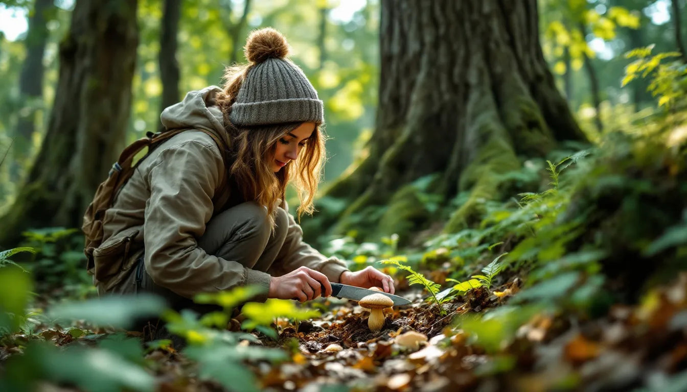 Person using knife to harvest morel mushrooms in the woods