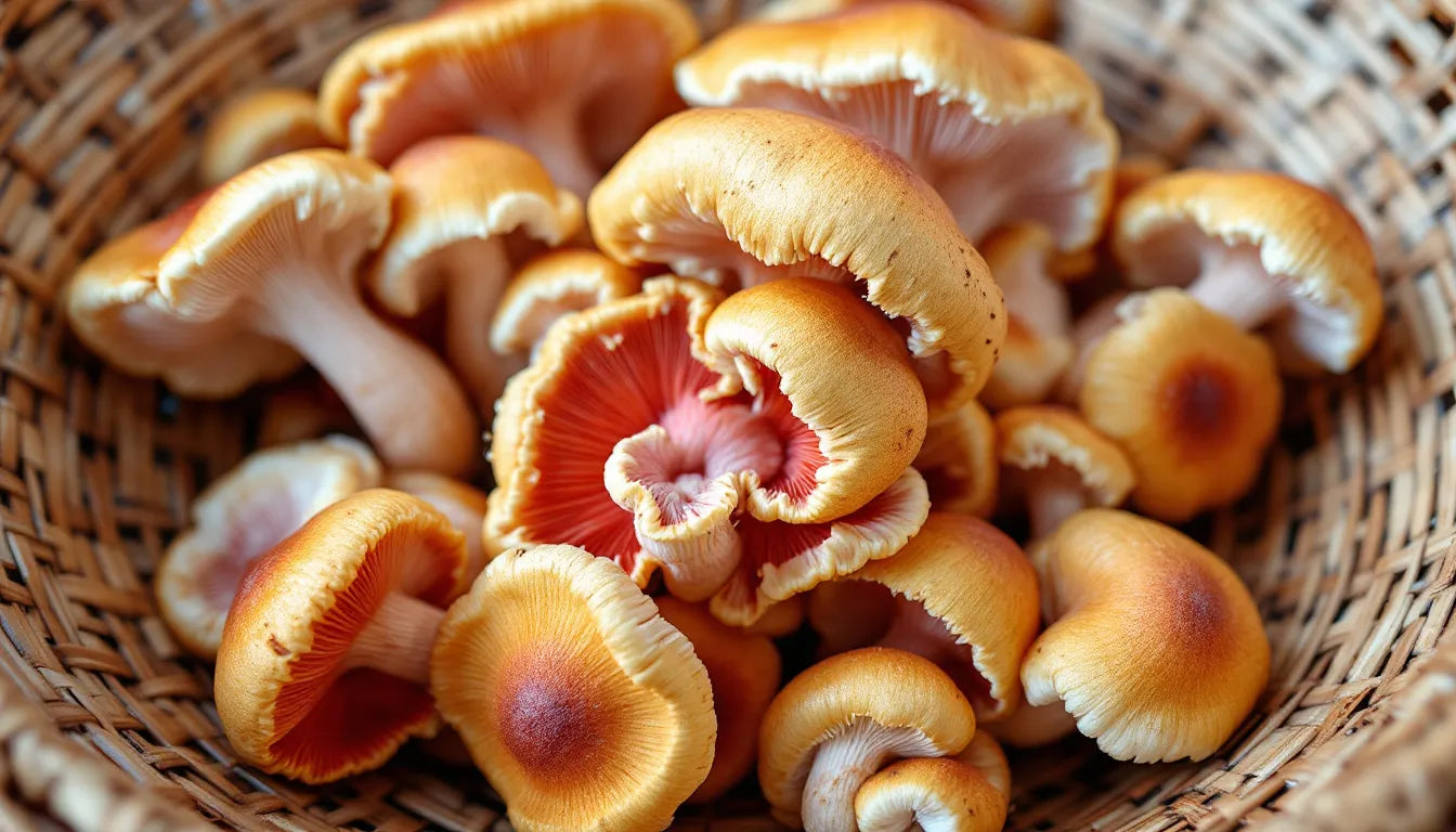 Agaricus blazei mushrooms in woven tropical basket
