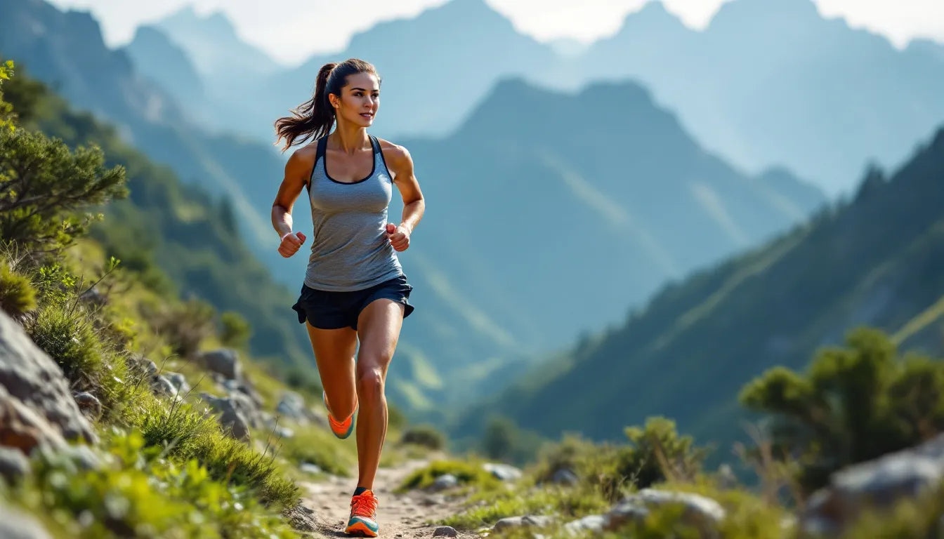 Fit woman running on a mountain trail at sunrise