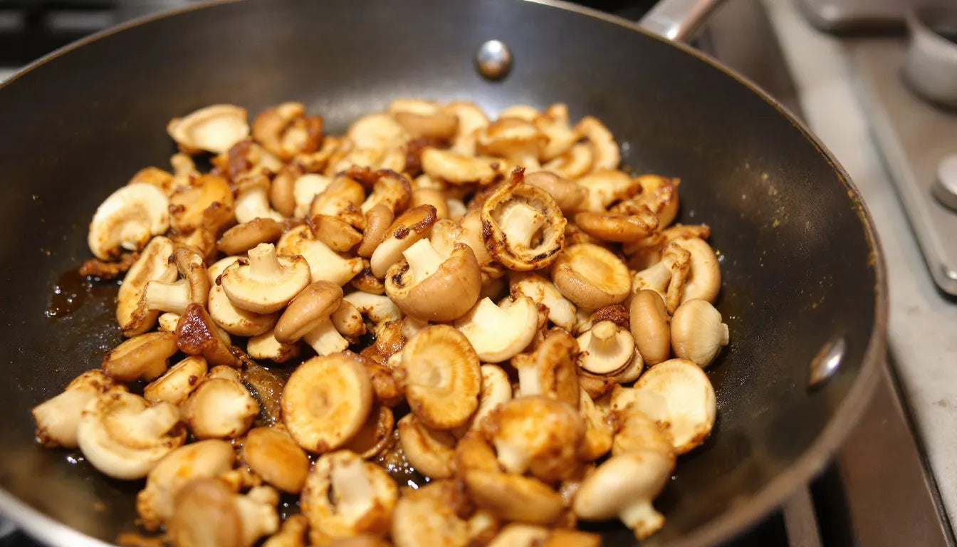 Cooked lion's mane mushrooms sizzling in pan