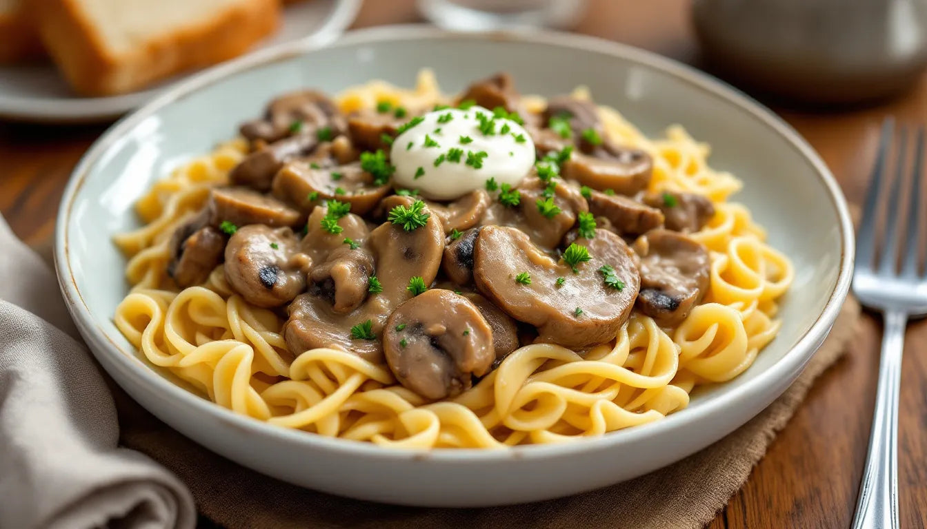 Bowl of creamy mushroom stroganoff