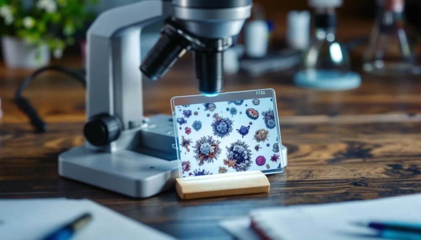 Microscope and stained fungal slide prepared for observation