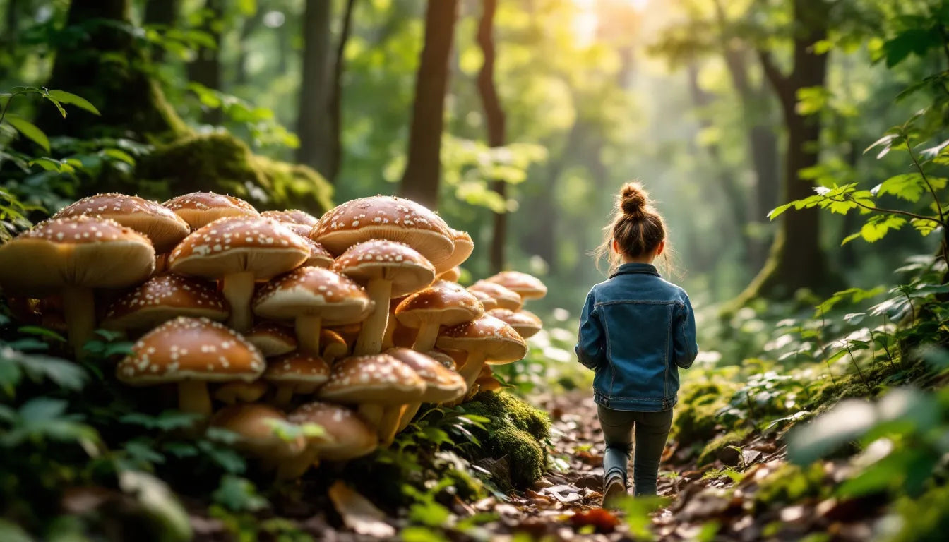 Person walking past mushrooms without picking them