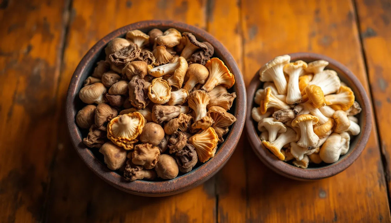 Two bowls of dried mushrooms showing different types